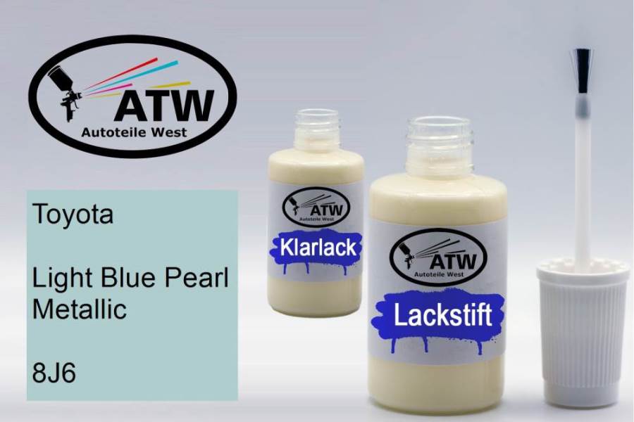 Toyota, Light Blue Pearl Metallic, 8J6: 20ml Lackstift + 20ml Klarlack - Set, von ATW Autoteile West.